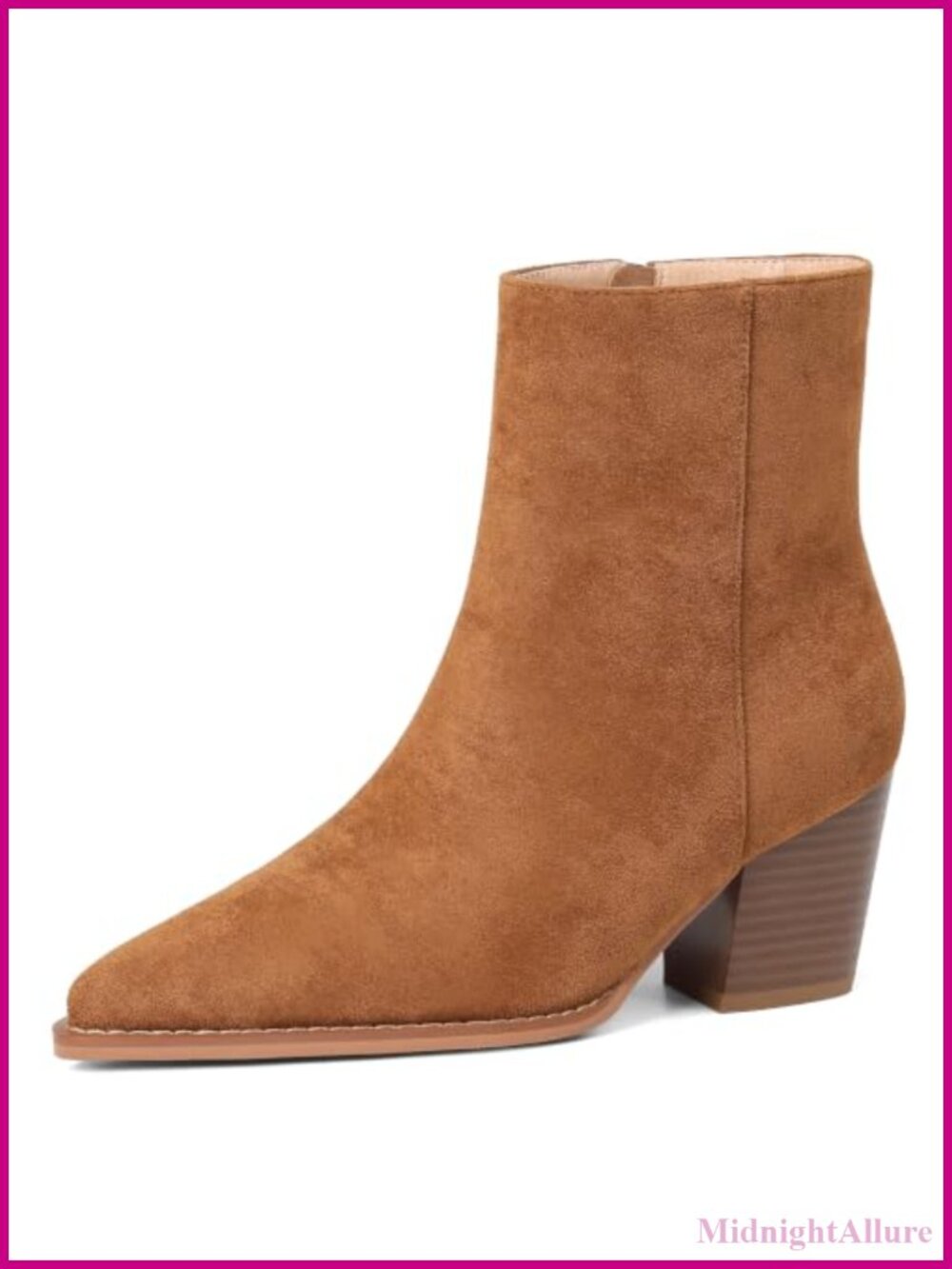 Faux Suede Ankle Boots Pointed Toe Chunky Block Heel Side Zip Booties